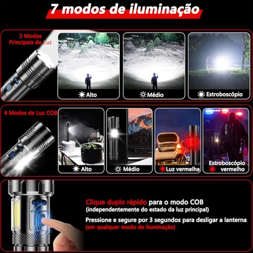 Lanterna Tatica Militar, Lanterna Led Recarregável 10000 Lúmen, com 7 Modos, XHP90.2 Chip e Zoom, Lanterna Potente de Longo Alcance, Acessorios para Acampamento, Pesca, Caminhada, Camping