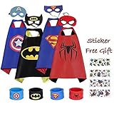 WheatleyIKV Superhero Capes and Mask, 4 Pack Cartoon Satin Capes Set with Slap Bracelets and Sticker for Kids Boys