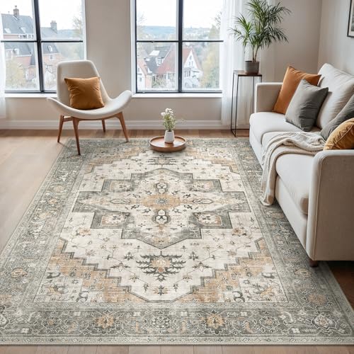 BEIMO Waschbarer Teppich Wohnzimmer Vintage, Boho Teppich Schlafzimmer Groß Orientalisch rutschfest für Badezimmer Esszimmer, Taupe Grau, 300x400cm