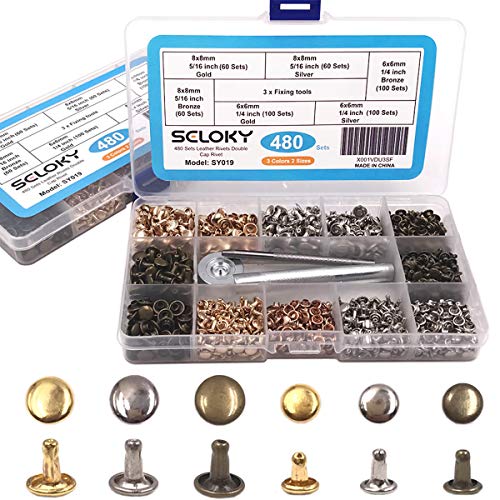 Seloky 480 Sets Leather Rivets Double Cap Rivet Tubular 3 Colors 2 Sizes Metal Studs with Fixing Tools for DIY Craft/Clothes/Shoes/Bags/Belts Repair and Decoration