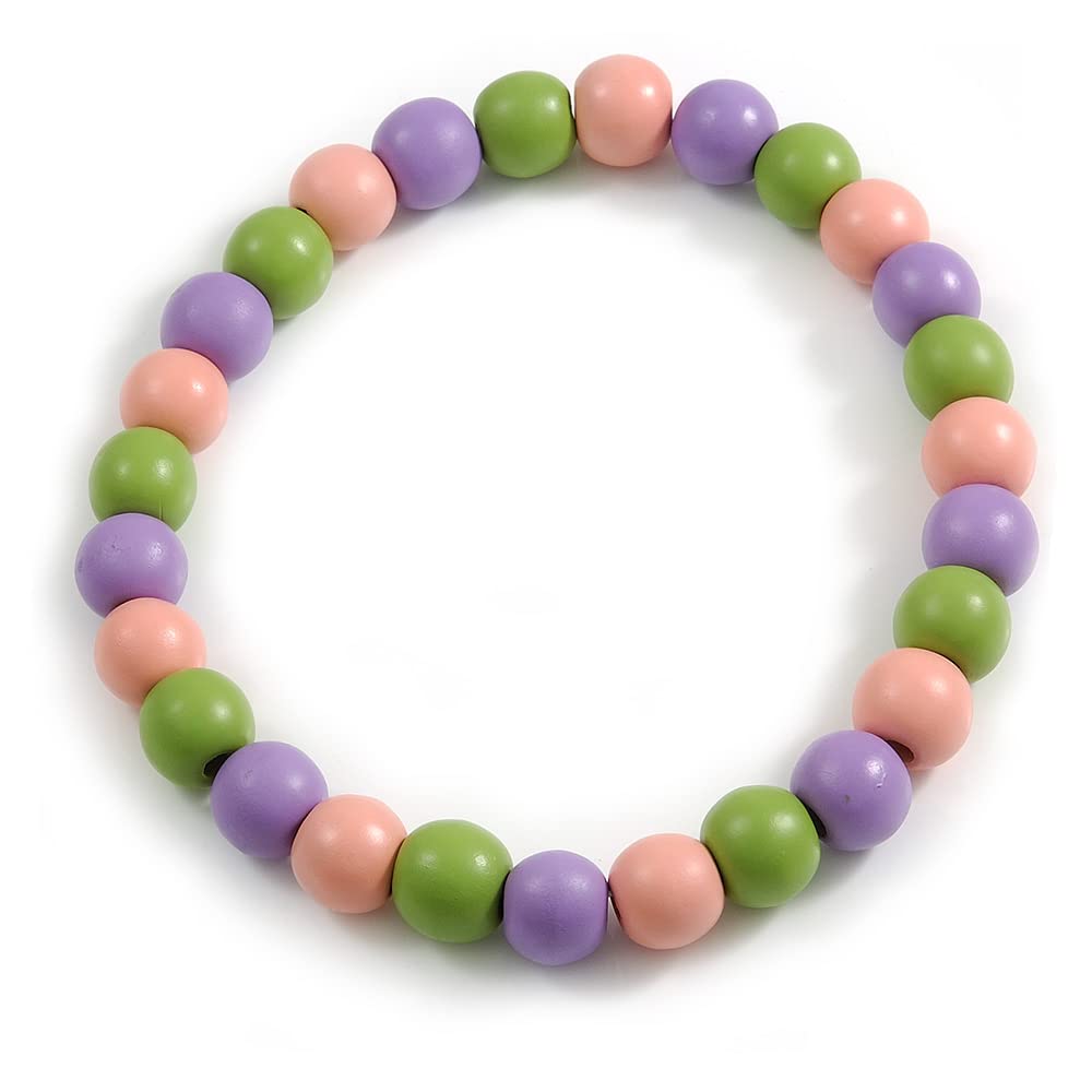 Avalaya Chunky Pink/Lilac/Lime Green Round Bead Wood Flex Necklace - 48cm Long