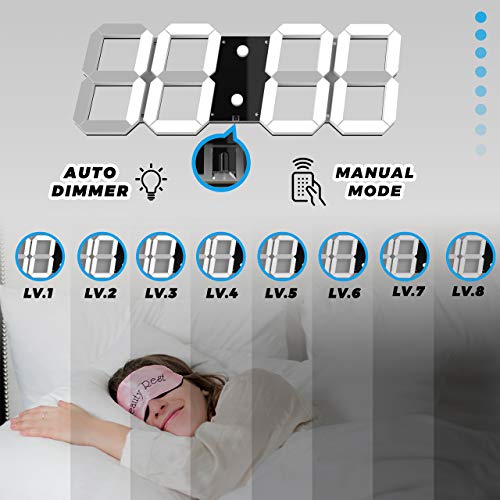 CHKOSDA-3D-Digital-Wall-Clock-6-LED-Numbers-Countdown-Clock-Remote-Control-Ultra-Thin-Design-Large-Calendar-Auto-Dimmer-8-Level-Adjustable-Brightness-Office-ClockBlack-Shell-White