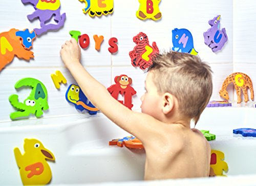 Alphabet Bath Toys-Foam ABC Letters-Educational Toys for Toddlers with Bath Toy Organizer-One of the Biggest BathTub Toys(26 Puzzles-52 items)-Safe