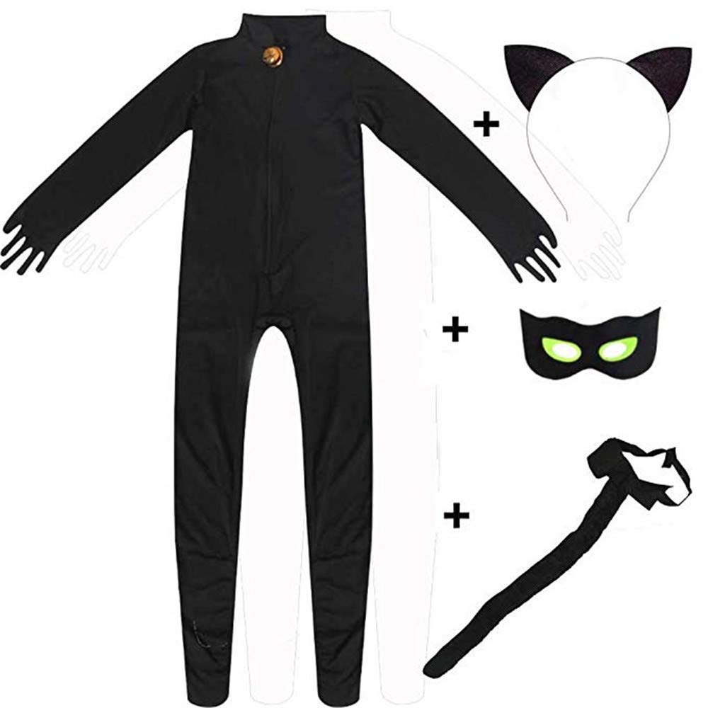 kelee Kid\'s Magic Ladybug Cat Cosplay Jumpsuit Boy\'s Girl Costume Black Cat Noir Cosplay Costume (M(41-45IN))