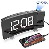 CSHID-US Projection Alarm Clock, 7'' Dimmable LED Curved Screen Digital Clock, FM Radio Alarm Clock, Adjustable Ceiling Sleep Timer for Kids Bedroom, Dual Alarms, 12/24 Hour, Snooze Function