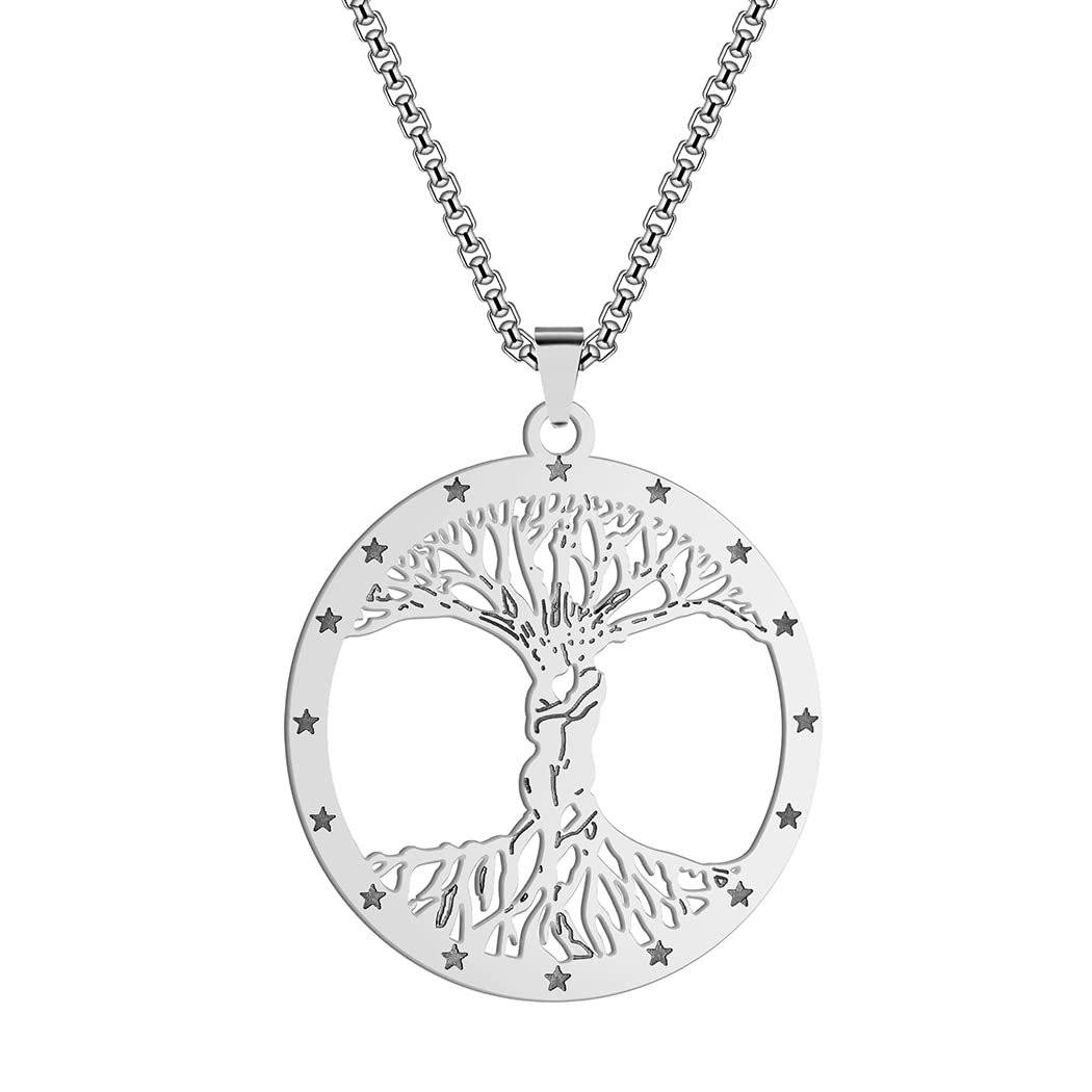QIAMNI Tree of Life Necklace 316L Stainless Steel Couple/Heart Family Tree Pendant Anniversary Mother's Day Love Gift For Lover Female Girlfriend Wife Mom (silver)