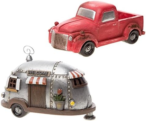 Assembled by PaBu GuLi Fairy Garden DIY Miniature Old-Fashioned Pickup Truck and Trailer Camper House Set