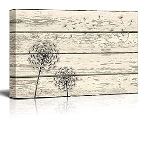 Rustic Dandelion Artwork on Vintage Wood Board Background Stretched