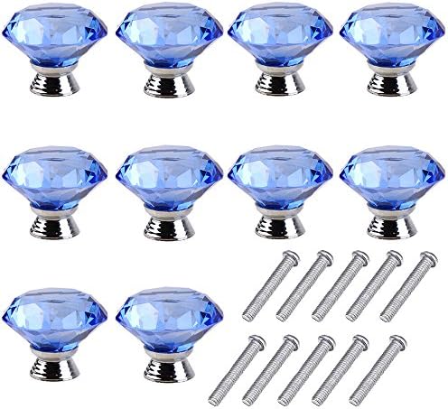 10pcs 40mm Glass Clear Cabinet Knob Drawer Pull Handle Kitchen Door Wardrobe Hardware Used for Cabinet, Drawer, Chest, Bin, Dresser, Cupboard, Etc (Blue)