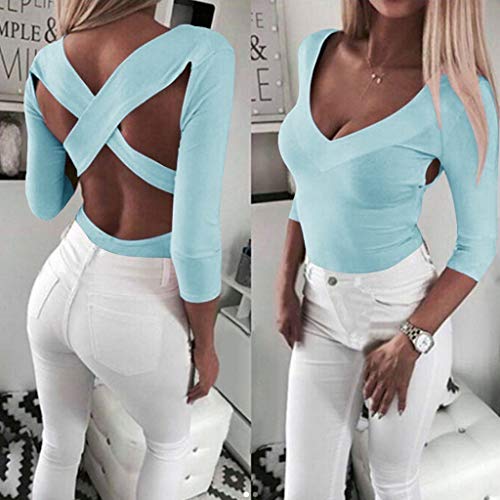 Respctfu l✿ Women Summer Short Sleeve Sexy Deep-Neck Slim Tunic Top Sexp Open Backless Criss Cross T-Shirt for Leggings Light Blue