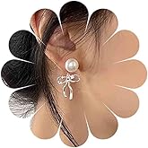 Xduargs Boho Pearl Bow Ear Jacket Earrings Silver Tie Front Back Earrings Vintage Bowtie Pearl Earrings Personalized Pearl Butterfly Knot Earrings Jewelry for Women