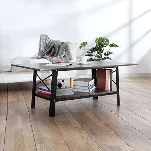 Coffee Table - CrazyLynX 46" Industrial Cocktail End Table with Storage Shelf, Solid Side Sofa Table, Wood Desktop and Metal Frame for Living Room (Retro Color) (A)