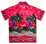 Funky Hawaiian Shirt For Men Short Sleeve Front-Pocket Parrot Palm Pink