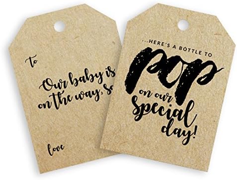 Baby Shower Favour Gift Tags 'Our baby is on the way, so...' & on the reverse ‘... Here's a bottle to POP on our special day!’. A8 Double Sided. 100% Recycled Kraft Card in packs of 10 -30 (30 Tags)