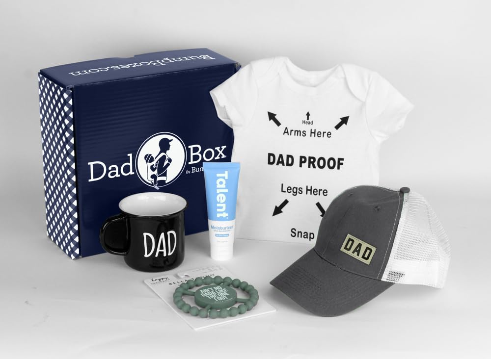 Bump Boxes, First Time Father’s Day Box with Mug, Hat, Teether, Onesie and Balm, Unique Kit for Expecting Fathers, New Dad Gifts for Men