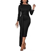 ENOPINK Womens Elegant Long Sleeve Wedding Guest Dress Ruched Bodycon Party Cocktail Church Midi Formal Dresses