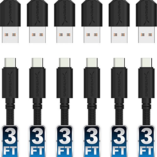 Sabrent [6-Pack] 22AWG Premium 3ft USB-C to USB A 2.0 Sync and Charge Cables [Black] (CB-C6X3)