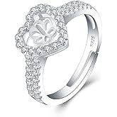LGSY Sterling Silver Cubic Zircon Heart Design Adjustable Rings for Women, Design Ring Mounts Fittings with Pearl Seat for DIY Jewelry Making