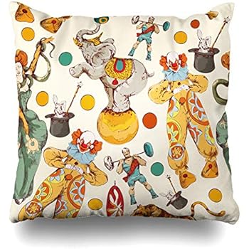 Ahawoso Throw Pillow Cover Pattern Vintage Circus Clown Magical Carnival Wand Elephant Strongman Fairy Tape Design Fire Home Decor Pillowcase Square Size 20 x 20 Inches Zippered Cushion Case