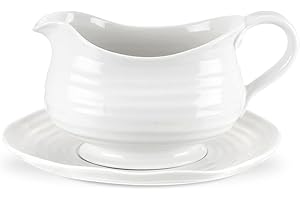 Portmeirion Sophie Conran Gravy Boat with Stand, 24 oz Fine Porcelain White Sauce Server - Oven, Microwave, Freezer & Dishwasher Safe - 9.5 in Dinnerware for Entertaining & Dining