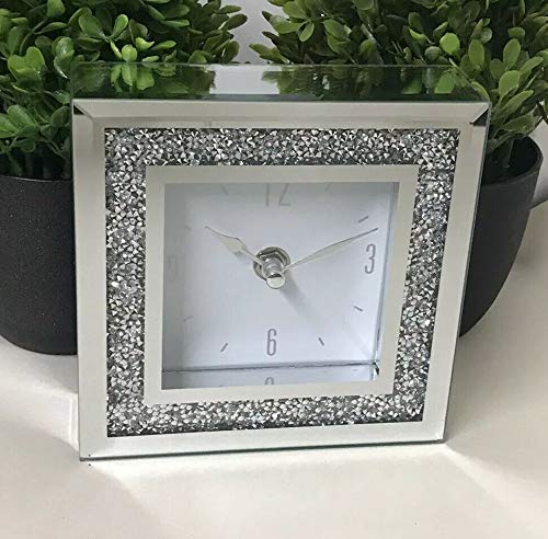 SQUARE LOOSE DIAMANTE MANTLE CLOCK CRUSHED JEWEL GLASS MIRRORED TABLE CLOCK 14X4.5X14CM