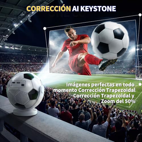 [Built-in Apps & 2026 Football Proyector] Mini Proyector Support 4K 1280P with WiFi 6 and Bluetooth 5.4, Auto Keystone 360° Rotatable Projector Portable Compatibile with HDMI/TV Stick/USB - White