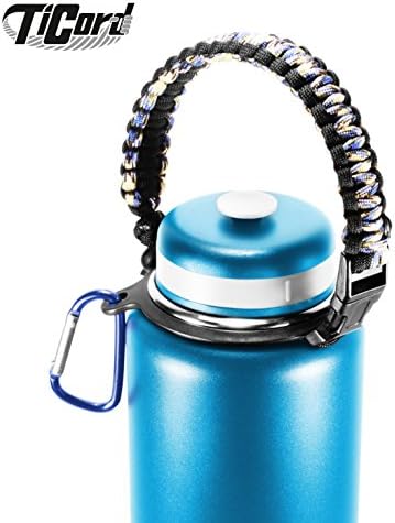 Water Bottle Carrier - TiCord is Stylish Paracord Holder and Survival Bracelet - Perfect For Outdoor Sports, Fitness, Hiking and Camping (Blue Camo/Black)