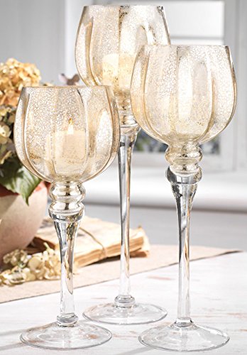 Palais Glassware Elegant Bougeoir Collection, Set of 3 Hurricane Candle Holders (Silver Fleck Hexagon)