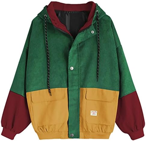 TAORE Tops Women Oversize Boyfriend Jacket Long Sleeve Corduroy Patchwork Windbreaker Coat Overcoat (L, Yellow)