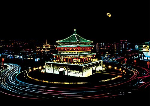 C-pop Scratch Art, Scratch Art Paper DIY Night View Scratchboard for Adult and Kids, with Stylus/Black Brush,8.2''x11.4'' (Ancient Buildings)