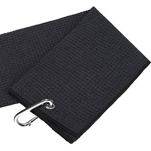 2 Pack Golf Towels, Black Microfiber Waffle Pattern Tri-Fold Golf Club Ball Cleaning Towel For Golf Bags With Clip Men Women Golf Gifts - Thumbnail 2