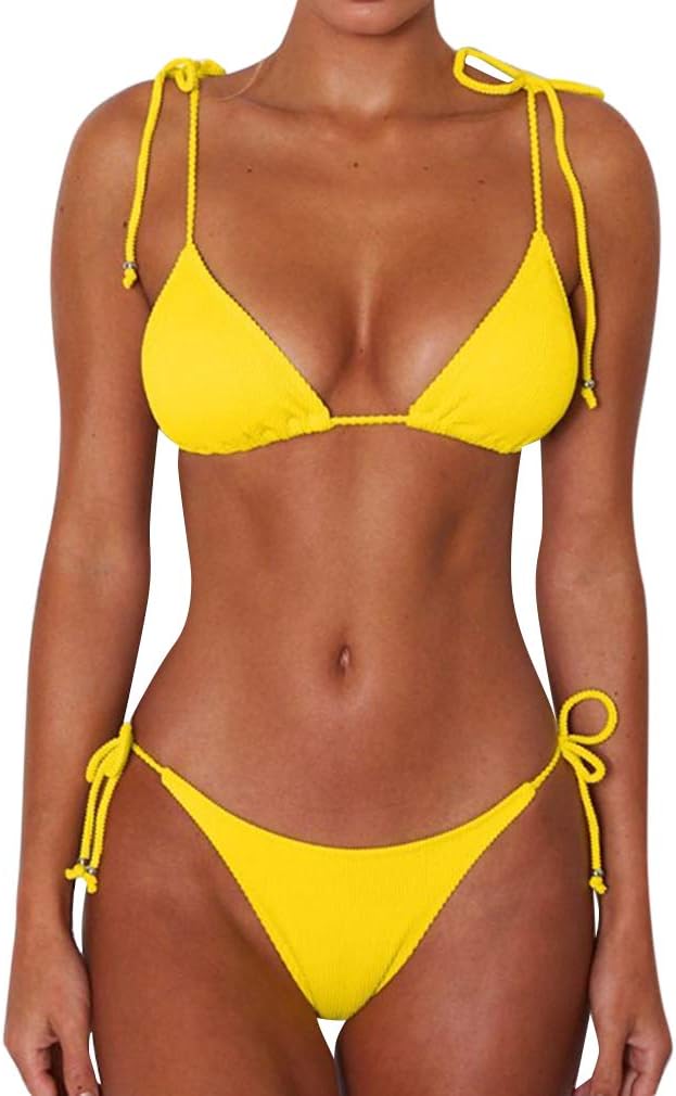 Women's Ribbed Tie Bikini Brazilian Cheeky Bottom String Swimsuit
