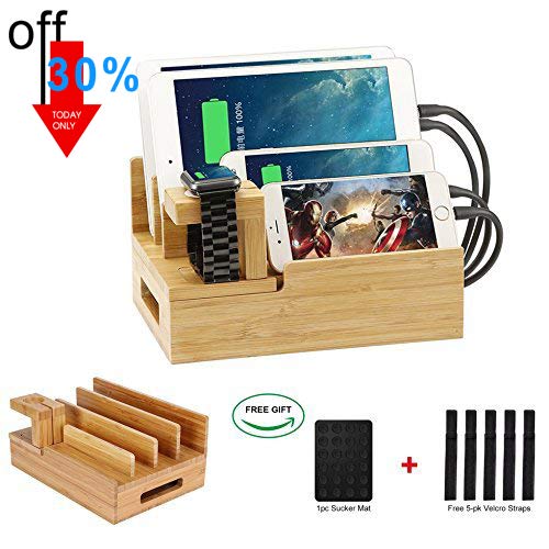 Bamboo Desktop Charger Station Coeuspow Wood Multi-Device Charging Station Handmade & Eco-Friendly Dock Compatible for Apple Watch iPhone iPad Smartphone and Tablets，Handmade & Eco-Friendly