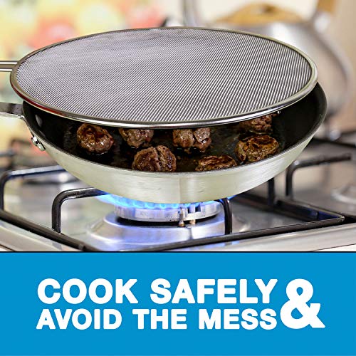 U.S. Kitchen Supply 13" Stainless Steel Fine Mesh Splatter Screen with Folding Handle and Resting Feet - Use on Pots and Pans - Grease Oil Guard for Safe Cooking