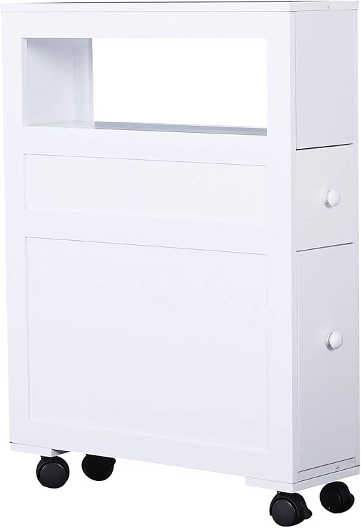 Amazon Com Homcom 6 X 20 5 X 26 Wood Rolling Narrow Bathroom Side Storage Cabinet White Kitchen Dining