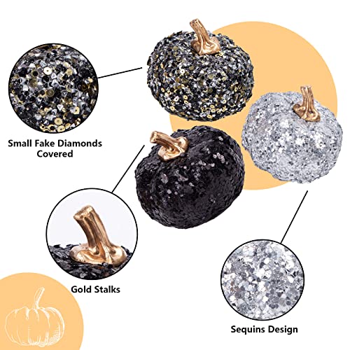 DomeStar Artificial Pumpkins, 3 PCS Glitter Fake Pumpkins Faux Pumpkins with Sequins and Fake Diamonds for DIY Halloween Thanksgiving Fall Harvest