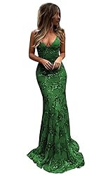 POMUYOO Women's Emerald Green Sequin Lace Prom