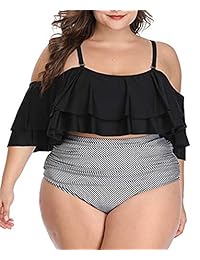 Wavely Trajes de baño de dos piezas con volantes y hombros descubiertos con estampado de cintura alta para dama, US 18W