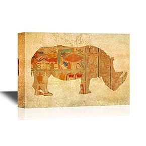 Wild Animal Canvas Wall Art - A Rhino with Colorful Pattern Collage on Abstract Background - Gallery Wrap Modern Home Art | Ready to Hang - 12x18 inches