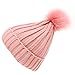 MIRMARU Winter Ribbed Knitted Skull Cap Cuff Beanie Hat with Faux Fuzzy Fur Pom Pom.(Pink)