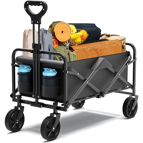 Yoawllty Trolley Cart,Collapsible Folding Wagon with All Terrain Wheels and Drink Holders,Portable Large Wagon for Camping,Shopping,Garden and Beach,Grass,Sand,Fishing(Black)