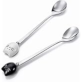 2 Pcs Cute Cat Spoon Set Cute Cat-Shaped Coffee Spoon Set Stainless Steel Tea Coffee Sugar Spoons Milk Drink Stirring Spoones Black and White Cat Design Cartoon Dessert Spoons Sets for Kitchen