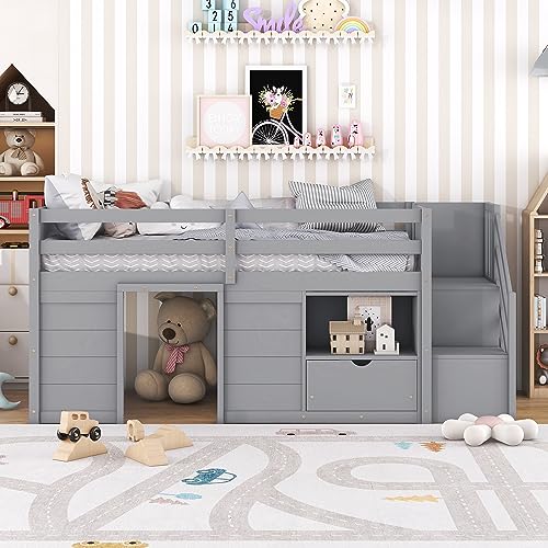 Jintop Twin Size Wooden Single Low Loft Bed with Stairs and Drawers,Multiple Fu…