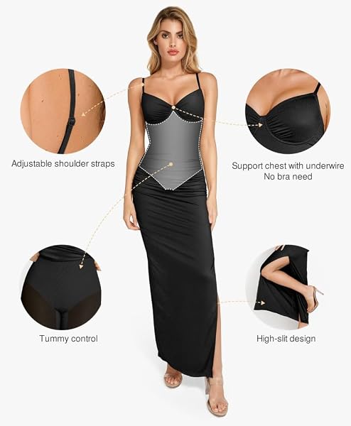 POPILUSH V NECK COCKTAIL DRESSES WOMEN SHAPEWEAR DRESS ADJUSTABLE MAXI DRESS TUMMY CONTROL PARTY DRESS BLACK M