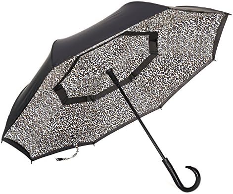 Barasol Reverse Folding Umbrella Travel Windproof Compact Umbrella Waterproof Double Canopy Vented Layer Inverted Close Golf Umbrella Lightweight for Man Women, Automatic Auto Open Leopard