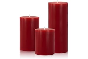 HAOSON Set of 3 Different Size Red Burgundy Pillar Candles, Unscented Dripless 2.75x3, 2.75x4, 2.75x6 Inch Colored Long Lasting Burning Cylinder Wax Candles for Home Power Outage Dinner Table Decoration