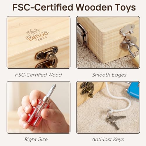 Lehoo Castle Montessori Games 3 4 Years, Wooden Tool Box Toy for 3 Years, Busy Board with Lock and Key, Educational Games Gift Child 3 4 5 Years Boy Fill
