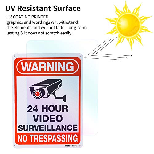 DateDirect 4-Pack Video Surveillance Sign，No Trespassing Metal Warning Aluminum Security Signs with 4 Stickers 10"x 7" 0.40 for Home Business CCTV Security Camera,UV Protected & Waterproof - Thumbnail 5