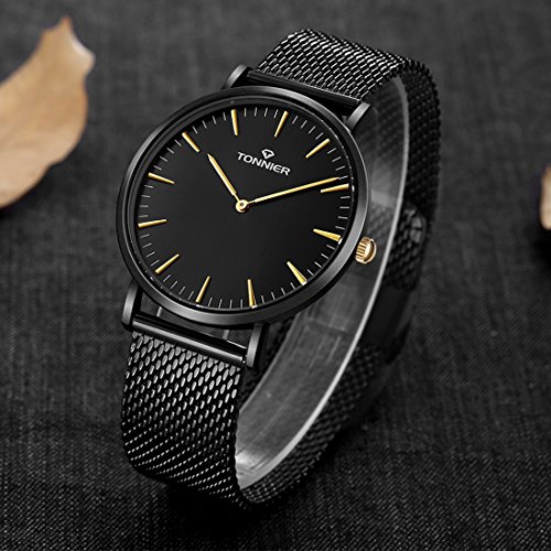 Tonnier Black Slim Stainless Steel Mesh Strap Mens Watch Quartz Watch for Men Golden Hands