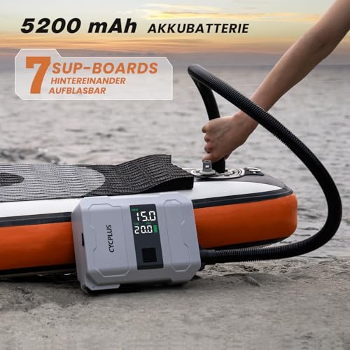 CYCPLUS 20PSI Rechargeable Paddleboard Pump - Intelligent Quick Inflation, Deflation, Auto Shutdown & Dual LED Indicator. Suitable for Stand Up Paddleboards, Boats, Tents, Mattresses